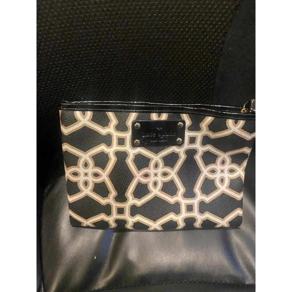 KATE SPADE IMANI MOROCCAN MARKET BLACK WHITE TAN WRISTLET POUCH CLUTCH BAG‎